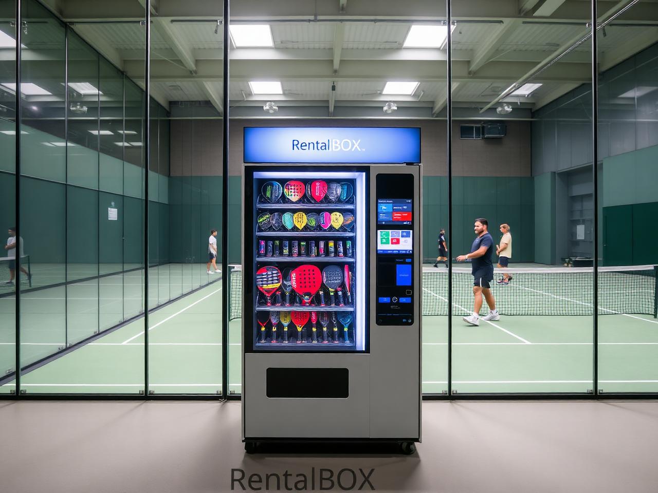 RentalBOX Verleihautomat in einer Padelhalle mit Spielern im Hintergrund